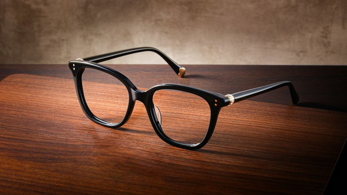Black eyeglasses on a wooden table